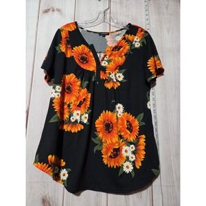 a.Jesdani Women's L Black Orange Sunflower Daisy V Neck Short Sleeve Tunic Top